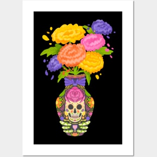 Day of the Dead Flower Vase with Marigolds Posters and Art